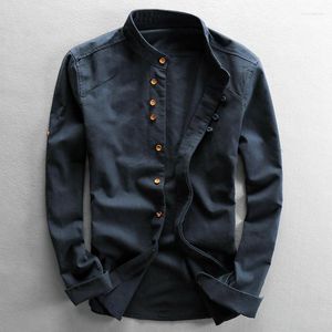 Chemises décontractées pour hommes printemps automne solide style japonais lin coton respirant col montant manches longues coupe ajustée hauts classiques