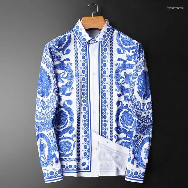 Chemises décontractées pour hommes printemps Bleu Bleu en porcelaine Porcelaine Print Print peinte en spray pour hommes à manches longues Robe de vacances Blouse Streetwear