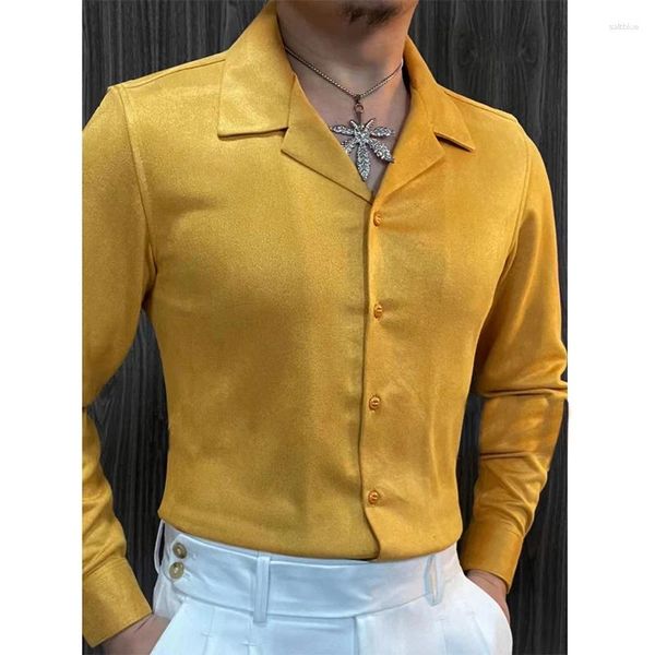Chemises décontractées pour hommes Printemps Col Cubain Chemise à manches longues pour hommes Britannique Luxe Couleur Solide Business Robe formelle Camisa Hombre