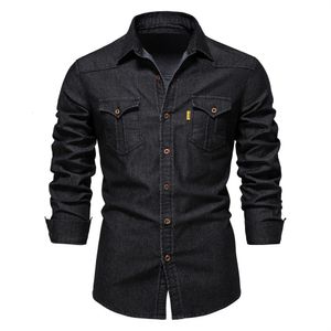 Chemises décontractées pour hommes Printemps Denim Chemises Hommes À Manches Longues Coton Cowboy Mans Chemises Mode Couleur Unie Slim Fit Jeans Chemise pour Hommes 230223