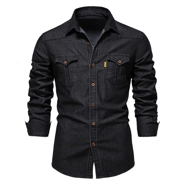 Camisas informales para hombre, camisas vaqueras de primavera, camisas vaqueras de algodón de manga larga para hombre, camisa vaquera ajustada de Color sólido a la moda para hombre 230223