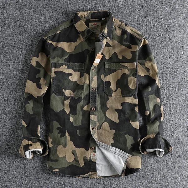 Chemises décontractées pour hommes Printemps Automne Mode Multi Poche Camouflage Imprimé Chemise À Manches Longues Lâche Hauts Quotidiens Vintage Style Militaire Blouses