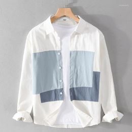 Casual shirts voor heren Spring Fall Men Cotton Fashion Patchwork Persoonlijkheid Handige jeugdige mannelijke revers lange mouwtoppen