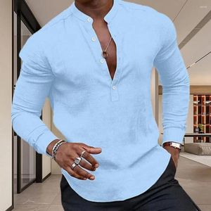 Casual overhemden voor heren Lente herfst herenoverhemd Effen kleur Henry NeckLange mouw Slim Fit Pullover Button Decor Business Top