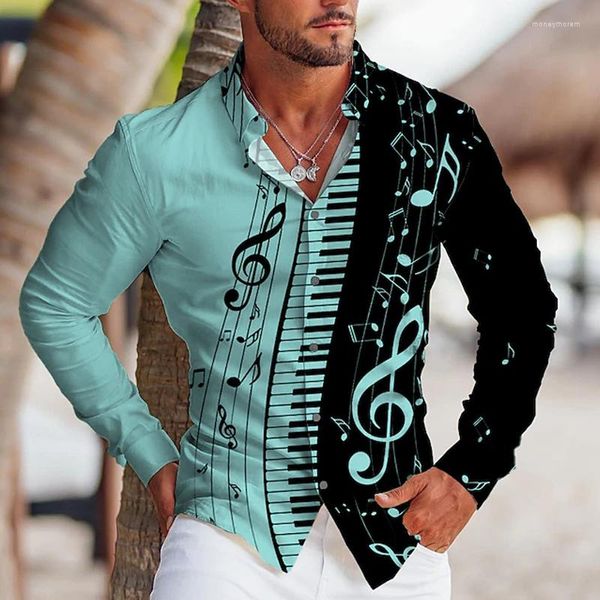 Camisas casuales para hombres Moda de primavera para hombres Estampado de piano Botón de gran tamaño Top de manga larga Ropa para hombres Diseñador de playa y blusas de lujo