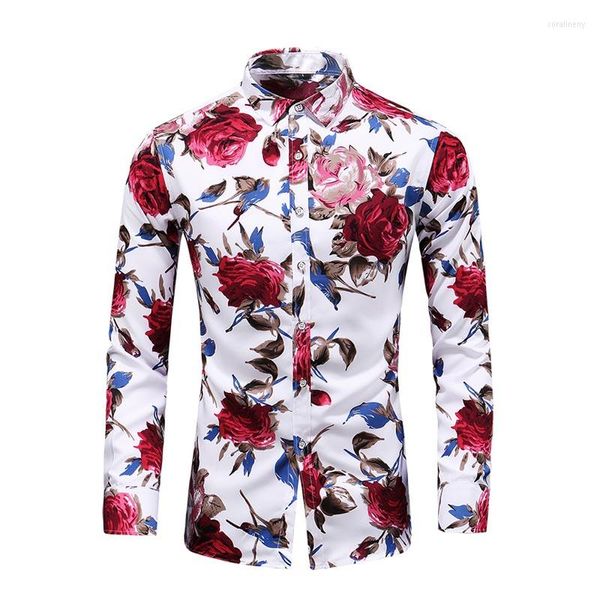 Chemises décontractées pour hommes printemps mode à manches longues fleurs Rose bouton vers le bas chemise à fleurs hawaïenne sociale grande taille 5XL 6XL 7XL