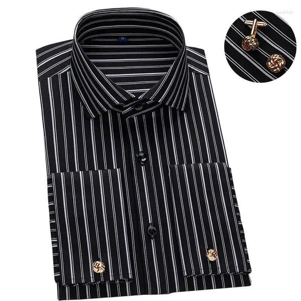 Chemises décontractées pour hommes Printemps Chemise française à manches longues Col Windsor Slim Fit Business Robe Boutons de manchette rayé