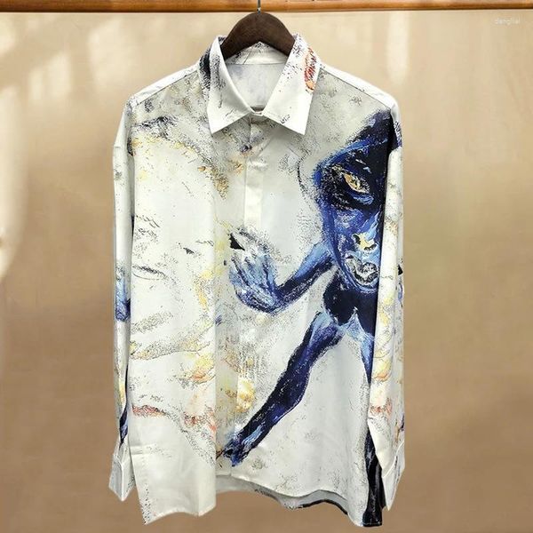 Camisas casuales para hombres Primavera Hombres Camisa hawaiana Arte abstracto Colores contrastantes Imprimir Ropa suelta Vacaciones Manga larga Chemise Homme