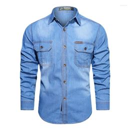 Männer Casual Hemden Frühling Männer Outdoor Multi-Pocket Denim Tooling Mann Langarm Qualität Männlich Baumwolle Jeans 5