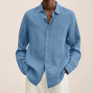 Chemises décontractées pour hommes printemps hommes chemises en lin ample solide à manches longues col rabattu bouton rétro automne chemise pour homme Blouse Sexy hauts en gros 230608