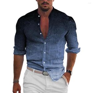 Chemises décontractées pour hommes, chemise de printemps, col montant, imprimé 3D, dégradé de couleur, Slim, manches longues, une rangée, haut quotidien