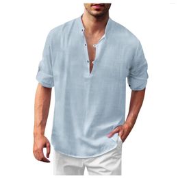 Chemises décontractées pour hommes printemps été chemise coton lin couleur unie haut à manches longues lâche sans col mode