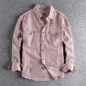 Chemises décontractées pour hommes printemps lavage kaki japonais rétro rayé chemise à manches longues vêtements pour hommes poche tendance ample jeunesse Blouse