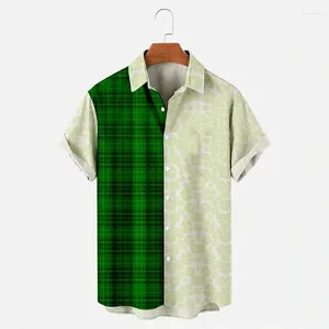 Camisas informales para hombre Día de San Patricio Trébol de cuatro hojas Camisa con estampado a cuadros Ropa diaria Fin de semana Otoño con puños Verde oscuro