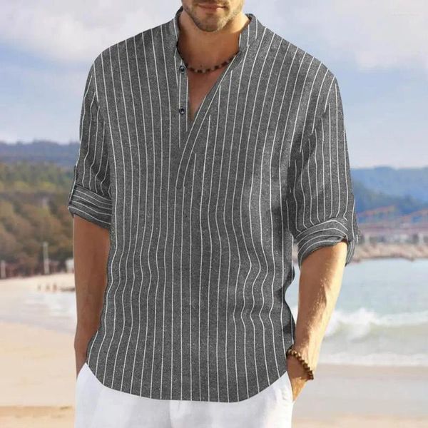 Chemises décontractées pour hommes Chemise à col montant Hommes rayé imprimé élégant avec bouton de manchette détail doux pour le printemps