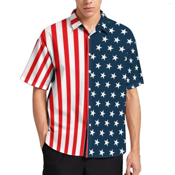 Chemises décontractées pour hommes Star And Stripes Blouses Drapeau patriotique américain Étoiles rouges Conception hawaïenne à manches courtes Chemise de vacances élégante