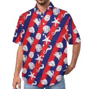 Mannen Casual Shirts Zeester Print Losse Shirt Mannen Vakantie Rood Blauw Streep Hawaiian Custom Korte Mouwen Nieuwigheid Oversized Blouses