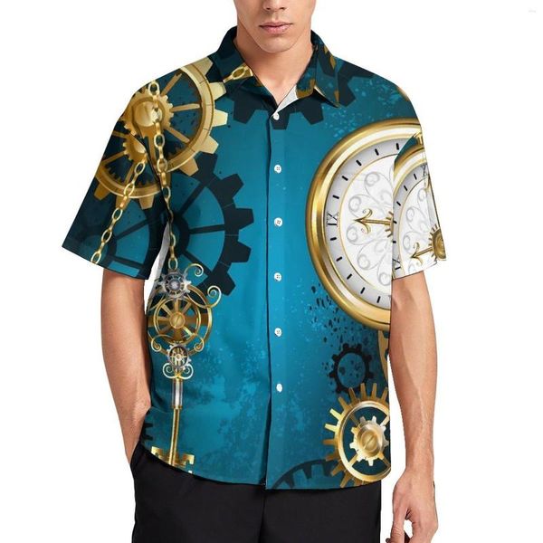 Camisas informales para hombre, blusas con reloj Steampun, estampado de llave de esqueleto para hombre, gráfico hawaiano de manga corta, divertida camisa de playa de gran tamaño, Idea de regalo