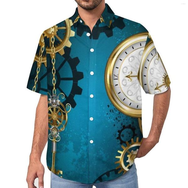 Camisas casuales para hombres Steampun Turquoise Gears Camisa de vacaciones Vintage Vapor Punk Antique Men Y2K Blusos Caña de manga corta