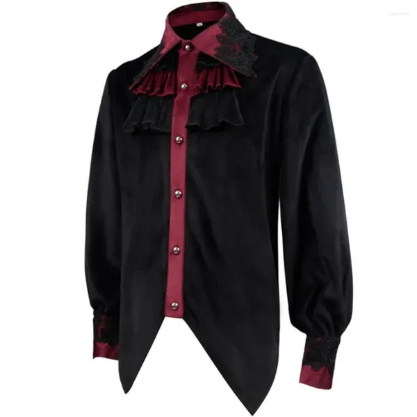 Chemises décontractées pour hommes Steampunk Chemise noire Garniture en dentelle Ruchée Tailcoat Gothique Vampire Halloween Coval Costume pour hommes à manches longues