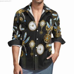 Camisas casuales para hombres Camisa de libélulas Steampunk Camisas casuales de rayas marrones Blusas gráficas de Spring Street Manga larga Cool Oversize Top Idea de regalo L230721