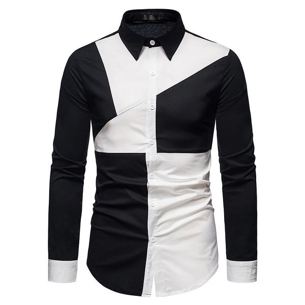 Camisas casuales para hombres Vestido de color de costura Elegante manga larga Diseñador Botón Abajo Slim Fit Blanco Negro Vino tinto