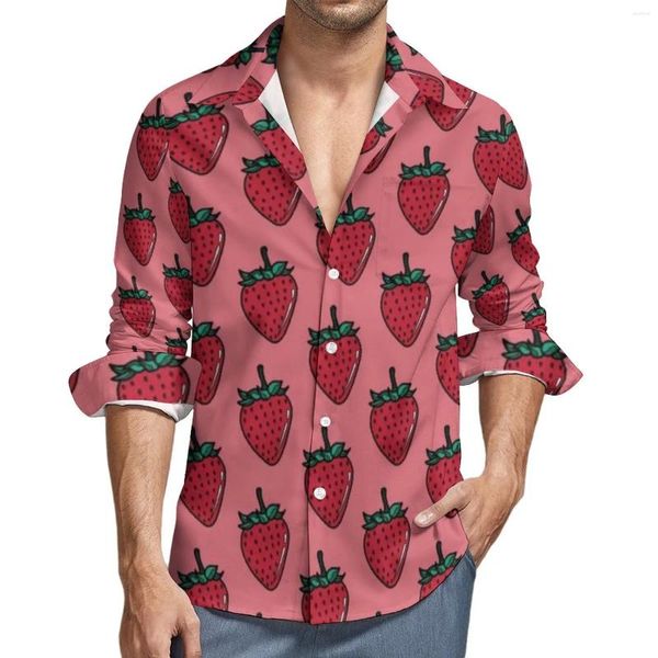 Chemises décontractées pour hommes FRAISE ROSE Chemise Homme Fruit Printemps Drôle Blouses Graphiques À Manches Longues Mode Vêtements Surdimensionnés Idée Cadeau