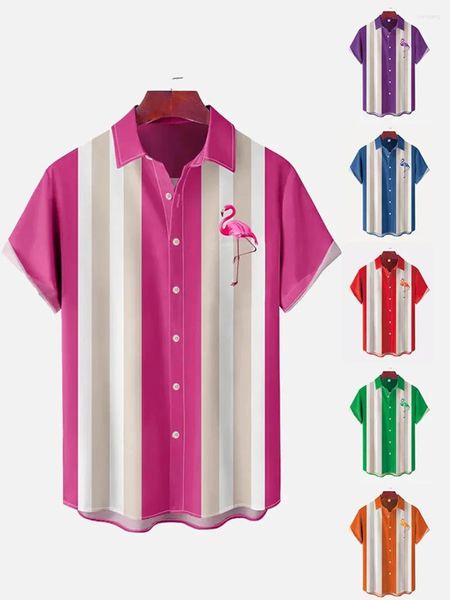 Chemises décontractées pour hommes Street Fashion Summer Daily Shirt Hawaiian Flamingo Striped Imprimé Loose Short à manches