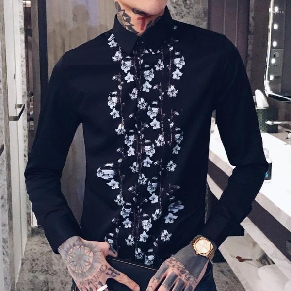 Chemises décontractées pour hommes Streetwear de haute qualité Impression numérique Slim Fit Robe de soirée Hommes Chemise Marque 2022 Manches longues Noir