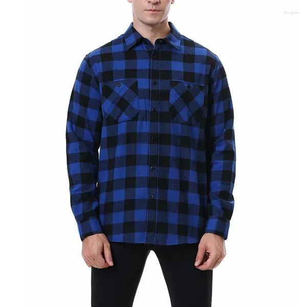 Camisas casuales para hombres Streetwear Hombres Camisa de franela a cuadros Pecho de manga larga Diseño de dos bolsillos Moda Botón impreso EE. UU. Tamaño S-XXL