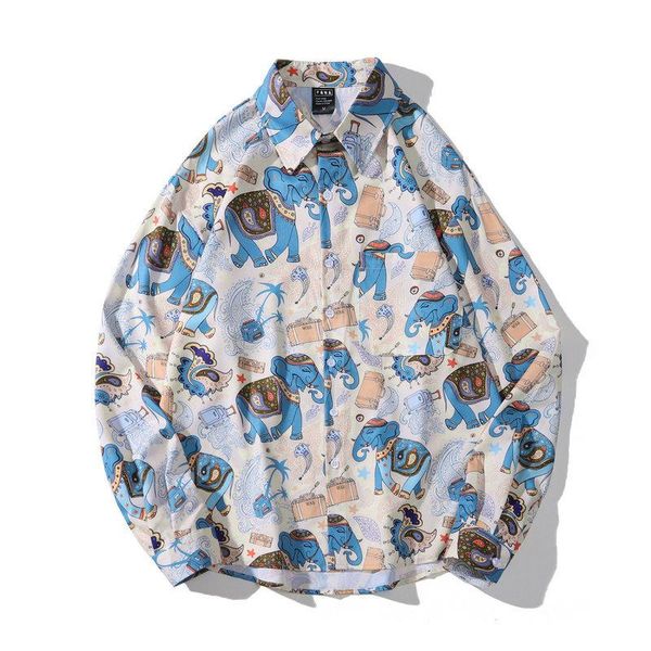 Chemises décontractées pour hommes Streetwear tendance pour hommes à manches longues ethnique éléphant imprimé chemise automne robe camisa hip hop chemise homme