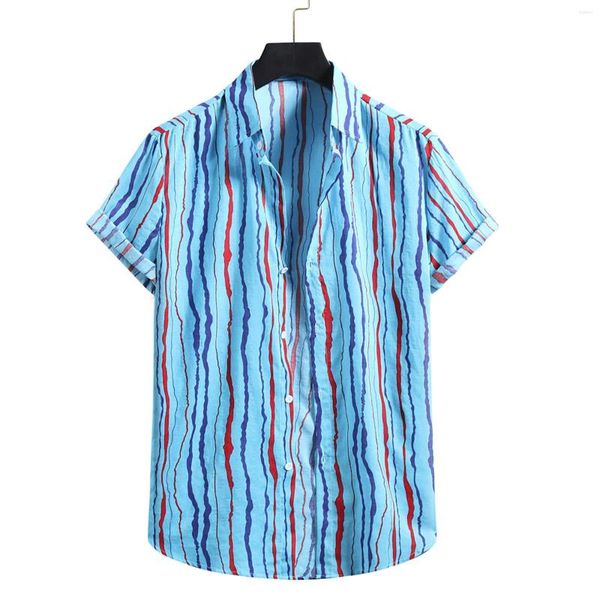 Camisas informales para hombre, camisa a rayas con botones de manga corta y estampado de lino y algodón a la moda para hombre, blusa roja, azul y amarilla, cárdigan superior