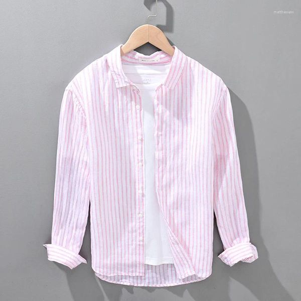 Camisas casuales para hombres Camisa de manga larga a rayas para hombres Lino puro Transpirable Hombre Tops con botones rosados