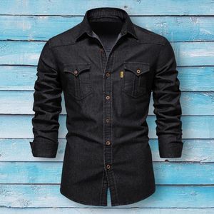 Casual shirts voor heren Stijlvolle jeans shirt lange mouw fijne stiksel Spring Summer Flap Pocket Turn Down kraag