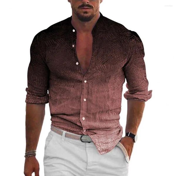 Camisas casuales para hombres Camisa elegante para hombres Color degradado Cuello alto Primavera Slim Fit Impresión 3D Manga larga