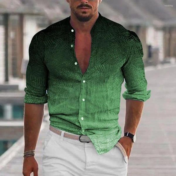 Chemises décontractées pour hommes Chemises élégantes pour hommes Col montant avec impression 3D Couleur dégradée Slim Fit Design à manches longues Doux pour