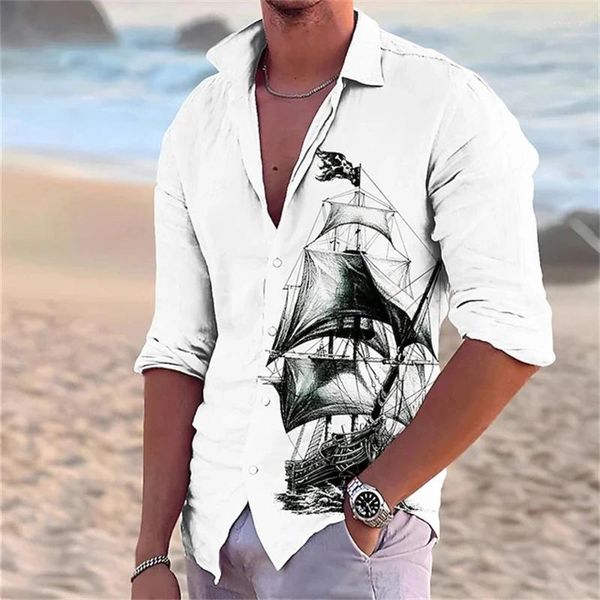 Chemises décontractées pour hommes Chemise élégante Pirate Ship Couleur unie Voile Confortable Rues douces Extérieur Simple Haut Revers Manches longues Grand S