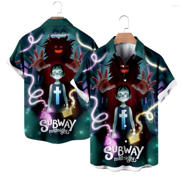 Camisas casuales para hombres Subway Midnight Summer Manga corta con cuello en V Cuello vuelto Camisa con botones estilo playa