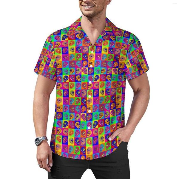 Chemises décontractées pour hommes Chemise carrée de crâne de sucre Jour des vacances mortes Blouses rétro hawaïennes en vrac Motif à manches courtes Haut surdimensionné