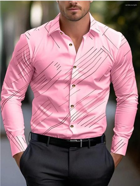 Chemises décontractées pour hommes chemises rose noir blanc extérieur couleur solide rayée de revers doux confortable bureau plus taille 2024