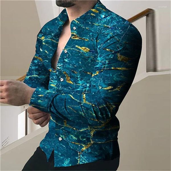 Chemises décontractées pour hommes été 2023 chemise à manches longues revers bouton haut bleu foncé imprimé balle fête de haute qualité 6XL