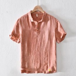 Chemises décontractées pour hommes été 2023 pull en lin chemise à manches courtes Orange solide respirant