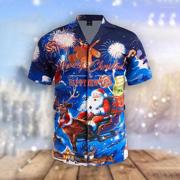 Casual overhemden voor heren Zomer 3D Vrolijk Kerstfeest Afdrukken Blouses Cadeau Rendier Grafisch shirt Hawaiiaanse herentops