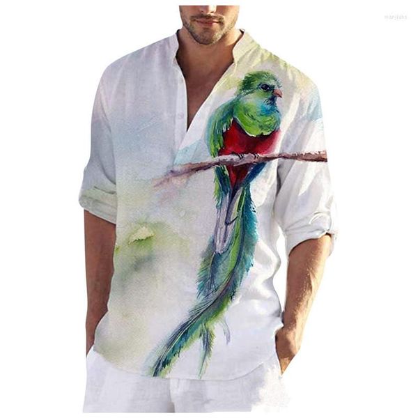 Camisas casuales para hombres Verano Otoño Moda Manga larga Sección delgada Pájaro Flor Estampado Soporte Cuello Estilo Playa Tamaño grande