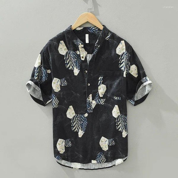 Chemises décontractées pour hommes lin de plage d'été poche poche hawaï à manches courtes à manches courtes patchwork imprimées de vêtements minces