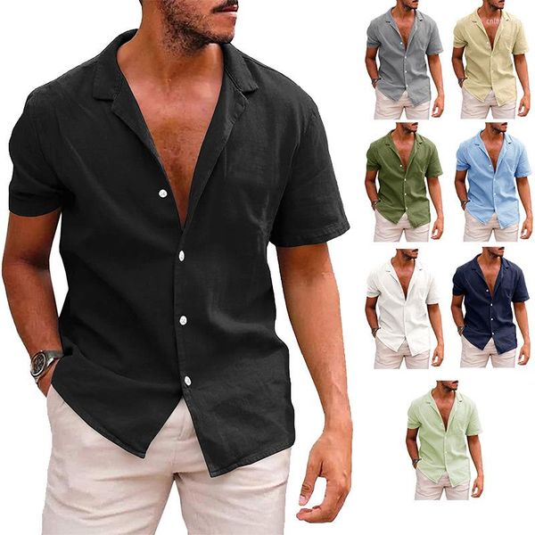 Chemises décontractées pour hommes Vêtements de plage d'été Chemisier de couleur unie pour hommes Chemise à manches courtes en coton et lin Cardigan ample Tops Confortable Respirant