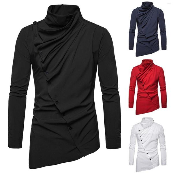 Chemises décontractées pour hommes Blouses d'été Vêtements Mode Solide Asymétrique Patte Inclinée Pile Col Chemise À Manches Longues Tops