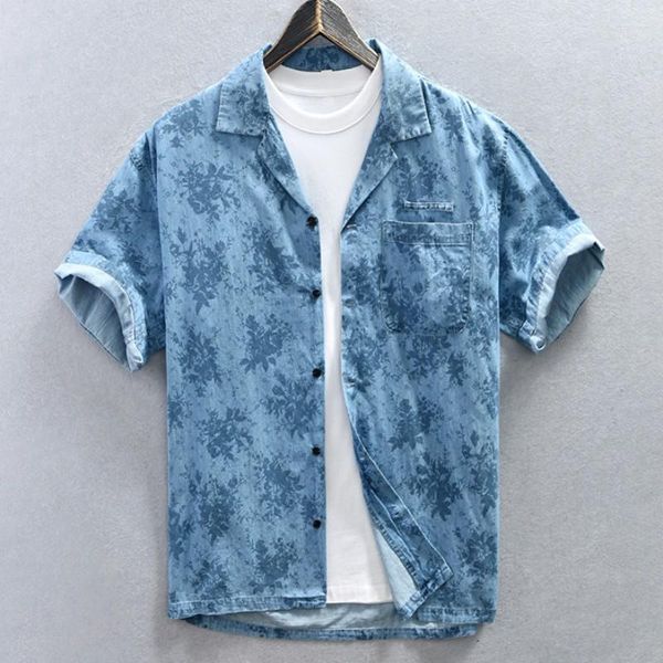 Camisas casuales para hombres Verano Transpirable Azul Denim Manga corta Botón Up Cowboy Beach Blusas con bolsillo Turn-Down Collar Streetwear