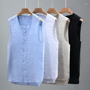 Chemises décontractées pour hommes été respirant hommes pur lin sans manches débardeurs rétro col rond confortable t-shirt couleur unie