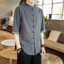 Chemises décontractées pour hommes été Style chinois lin hommes à manches courtes bobine bouton coton col montant homme chemise ample quart Polo